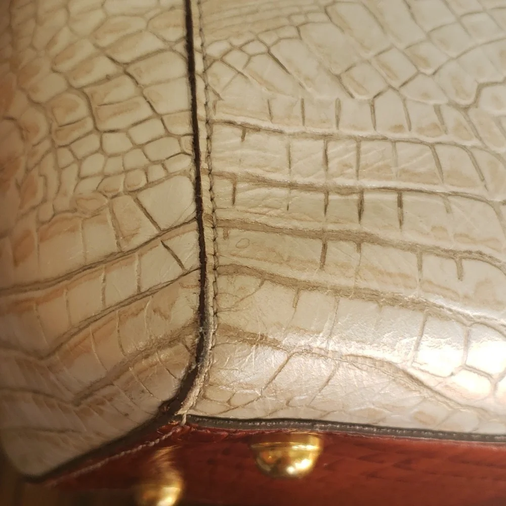 Brahmin Cream Tote with Brown Croc-Embossed Trim